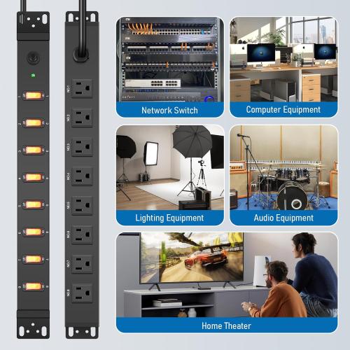 HHSOET 1U Rack Mount Surge Protection, 8 Outlet PDU Power Strip, Metal Mountable Outlet Strip with Switch,1200J, 6ft Power Cord.