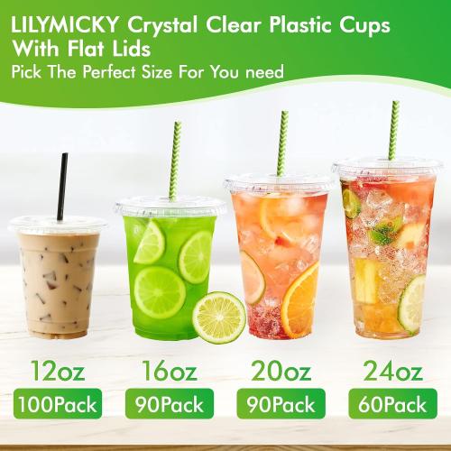 Lilymicky [90 Sets] 20 oz Clear Plastic Cups With Flat Lids, Disposable Drinking Cups, 20 oz Plastic Cups for Ice Coffee, Smoothie, Slurpee, or Any Cold Drinks