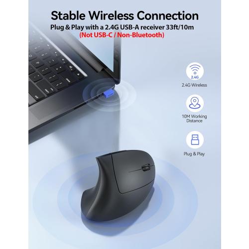 TECKNET Ergonomic Mouse Wireless, Echargeable Mouse Wireless Silent for Carpal Tunnel Right Hand, 2.4GHz USB-A Vertical Mouse for Laptop,5 Adjustable 4800 DPI, Computer,MacBook, Desktop(Not-USB-C)