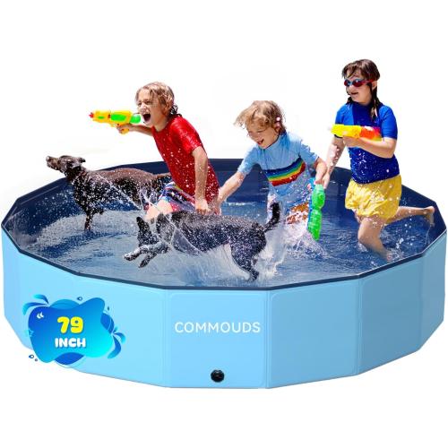 COMMOUDS Foldable Dog Pool, Collapsible Hard Plastic Dog Kiddie Swimming Pool, Portable Pet Bath Tub Wading Pools for Kids and Puppy Small Medium Large Dogs(79inch.D x 16inch.H)