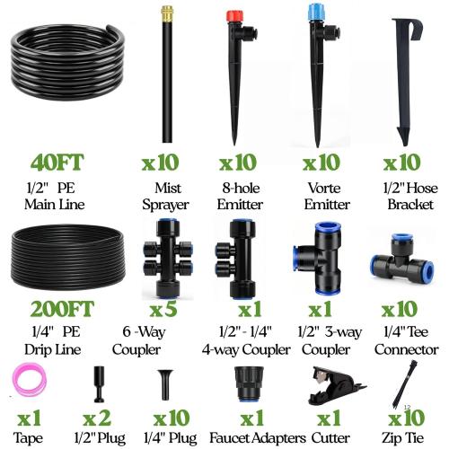 240FT Drip Irrigation System for Garden: 1/2 Quick Connect PE Tubing Automatic Water Sprinkler Kit Adjustable Misting Part 1/4 Watering Hose for Outdoor Raised Bed Plants Flower Yard Greenhouse