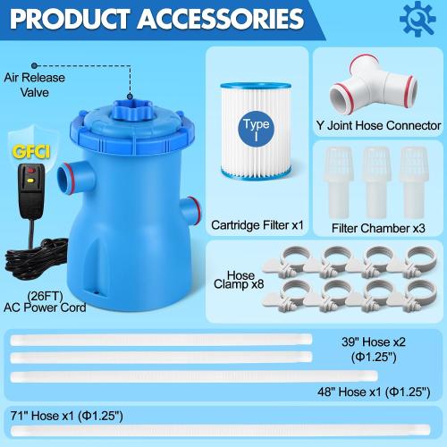 300 GPH ETL Certified Pool Filter Pump for Small Above Ground Pool | Pool Cartridge Filter Pump System with GFCI, Safety & Reliable Water Circulation Pumps - Rapidly Capture Debris - Dark Blue