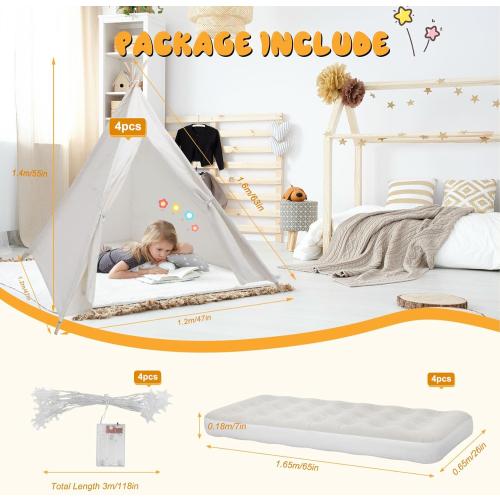 White 4 Pack Teepee Tent for Kids [Thickened] with Light String and Inflatable Airbed, Slumber Party Tents, Sleepover Tents Party for Girls Boys Indoor Outdoor (White)
