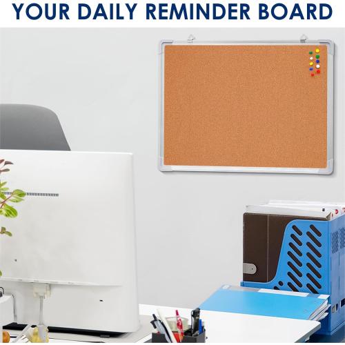 Cork Board 24x18 in, Framed Wall Hanging Bulletin Board with 10 Thumb Tacks | Thumb Tack Board, Pin Board for Wall, Corkboard Message Memo Notice Board with Hooks for Home, Office, Desk and Cubicle