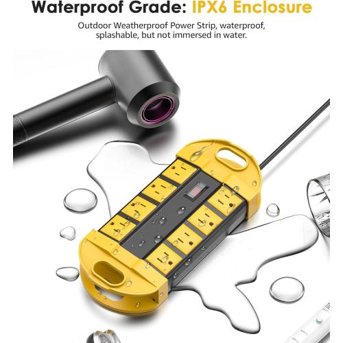 CCCEI 2 Outdoor Power Strips Weatherproof with 8 Plug, Waterproof Extension Cord with Multiple Outlets, Christmas Exterior Garden Yard Surge Protector 6FT, Yellow.