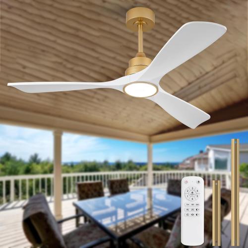 52 Inch White and Gold Ceiling Fans with Lights and Remote, 3 Blade Wood Outdoor Ceiling Fan with Light Outdoor Ceiling Fans for Patios, Bedroom Ceiling Fan for Modern Living Room Patio Indoor Office