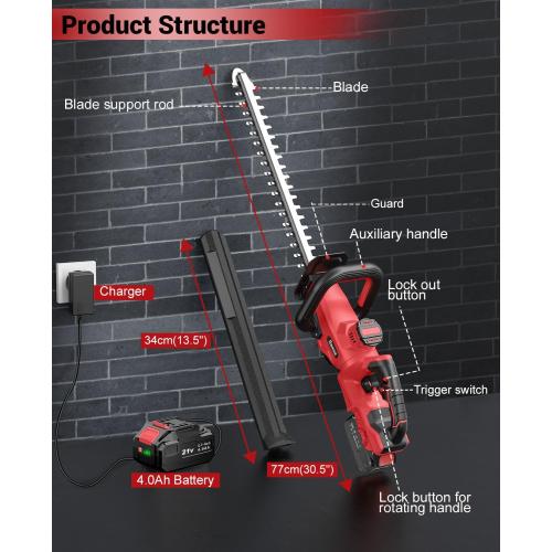 Hedge Trimmer Cordless, 21V Electric Hedge Trimmer with 4000mAh Rechargeable Battery, 14 Dual-Action Blades, 180° Adjustable Branch Cutter, Blade Cover for Hedges, Bush, Branches, Shrubs, Twigs