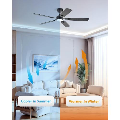 Black 52 VONLUCE Ceiling Fans with Lights and Remote, 52 Ceiling Fan with 5 Blades, 6-Speeds Noiseless Reversible DC Motor for Farmhouse Bedroom Indoor, Black