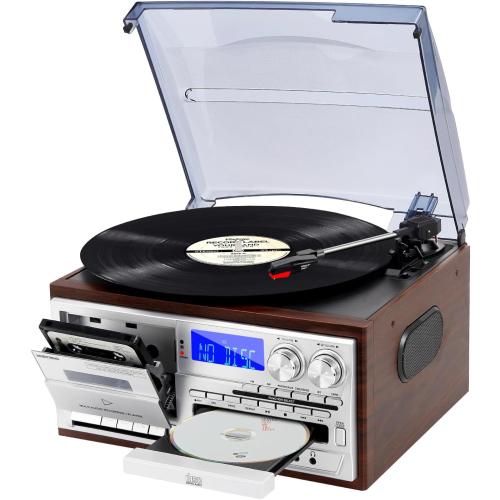Record Player 9 in 1 3 Speed Bluetooth Vintage Turntable CD Cassette Vinyl Player AM/FM Radio USB/SD Playback Aux-in RCA Line-Out (Silver)