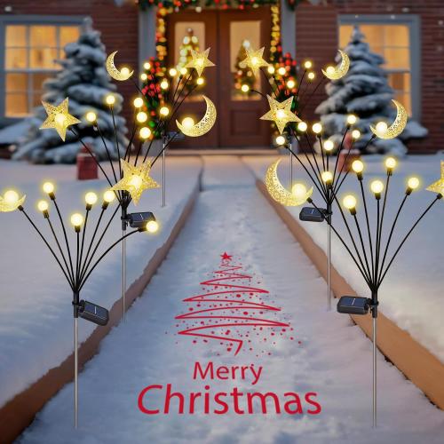 Solar Firefly Lights Outdoor Moon Star Sun Projection Stake Lights - Waterproof Solar Powered Garden Lights for Pathway, Yard, Patio Decor Warm White
