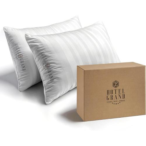 Hotel Grand Bed Pillows King Size Set of 2 Packs - 500 Thread Count 100% Cotton Medium Firm Hypoallergenic Feather Down Pillows Machine Washable Pillow for Back, Stomach or Side Sleepers, 20x36