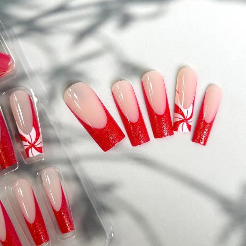 24 Pcs Christmas Press on Nails Long Fake Nails Coffin False Nails with Candy Design Glitter French Tip Nails Press ons Acrylic Artificial Nail Winter Xmas Glue on Nail for Women Girls