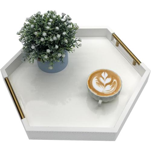 Serving Tray with Polished Metal Handles, Hexagon Coffee Table Tray, Modern Rectangle Decorative Tray, Large Ottoman Tray, Perfect for Storage and Display (White Hexagon)