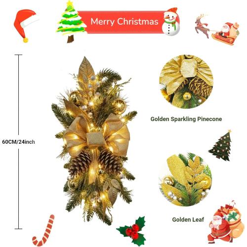 2025 Cordless Christmas Swags Artificial Stairs Christmas Garland with Prelit Teardrop Swag and 30 Lights Rustic Christmas Swag for Front Door Wall Window Stair Home Decor (Gold with Pinecone)