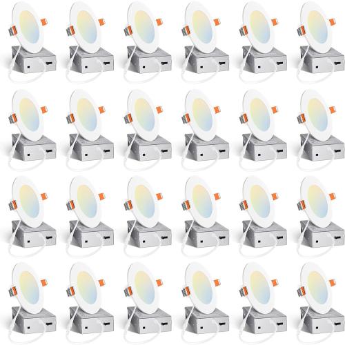 Amico 24 Pack 4 Inch 5CCT Ultra-Thin LED Recessed Ceiling Light with Junction Box, 2700K/3000K/3500K/4000K/5000K Selectable, 10W Eqv 60W, Dimmable Can Light, 800LM High Brightness Downlight - ETL&FCC