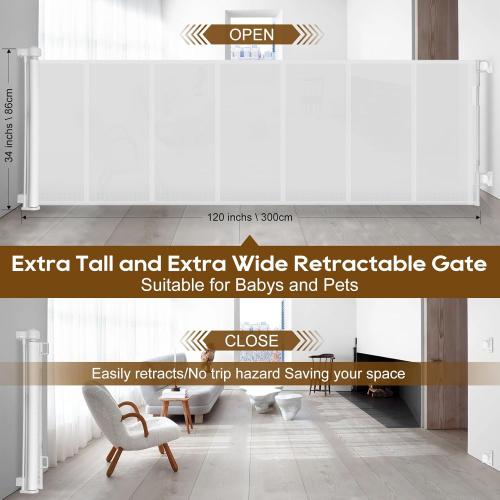 120 inch Retractable Baby Gates 34 inch Tall, Retractable Gate with Reinforced Strip Design to Prevent Crawling Through, 10 FT Extra Wide Retractable Dog Gate for Indoor/Outdoor