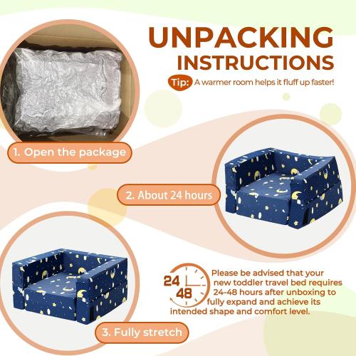Portable 3-in-1 Toddler Travel Sofa, Soft Fabric&High-Density Foam | Easy-Clean Machine Washable Cover with Moon Star Cloud Print for Camping & Indoor/Outdoor Use - Blue