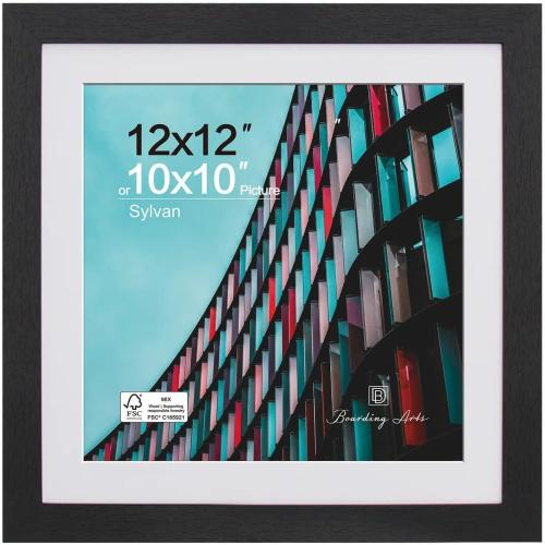 Boarding 12x12 Wood Picture Frame with Shatter-Resistant Glass, Black Square Frame with Engineered Wood for 10x10 with Mat or 12x12 Without-Sylvan Collection for Wall Display