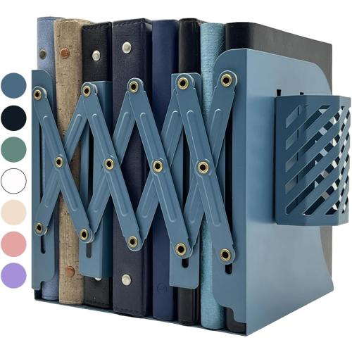 Kingsmile Book Ends, Adjustable Bookends for Shelves, Metal Bookends for Heavy Books, Book Stopper Organzier with Pen Holder for Desk, Kids Room, Office, Classroom, Library, Study Room.(Blue)