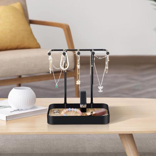 TACGEA Jewelry Holder Organizer, Small Simple Jewelry Display Stand Necklace Organizer with Metal Holder and Plastic Tray, Black