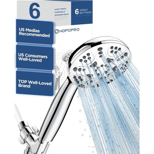 6-Mode High Pressure Handheld Shower Head Set, Consumer Reports Recommended HOPOPRO High Flow Hand Held Showerhead with 59 Inch Hose Bracket Teflon Tape Rubber Washers