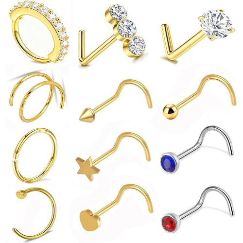 20G Surgical Stainless Steel Nose Rings Hoops & Studs - Hypoallergenic Nose Screw Piercing with 2-3mm Gold-Tone CZ, Multi-Size for Women Men