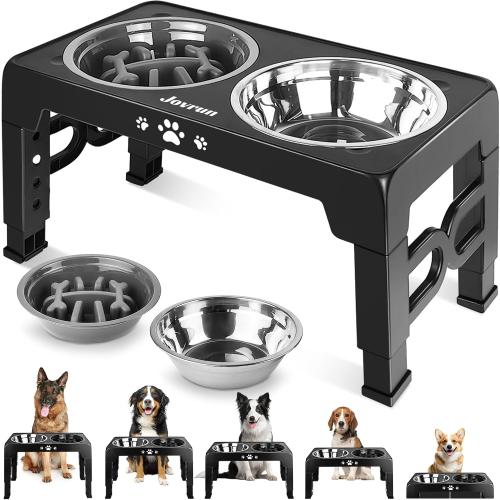Elevated Dog Bowls for Medium Size Dogs, Non-Slip Dog Feeder with 1*Stainless Steel Dishes & 1*Slow Feeder Bowl, 5 Heights Adjustable Raised Bowls to 3.15″-8.66″-9.84″-11.02″-12.2″ ** Black***