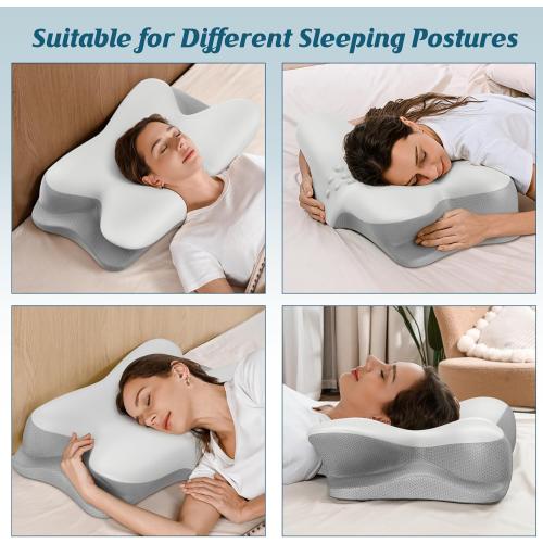 White and Grey Cervical Neck Pillow - Cooling Pillow for Neck Pain Relief, Ergonomic Side Sleeper Pillow for Sleeping, Contour Orthopedic Memory Foam Pillows for Back & Stomach Sleepers with Pillowcase