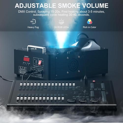 1500W Fog Machine with Lights 24 RGB LED Stage Smoke Machine Vertical Halloween Smoke Machine DMX/Wireless/Manual Control 2.5 Liters with 20000 CFM for Wedding Christmas Party Outdoor Indoor