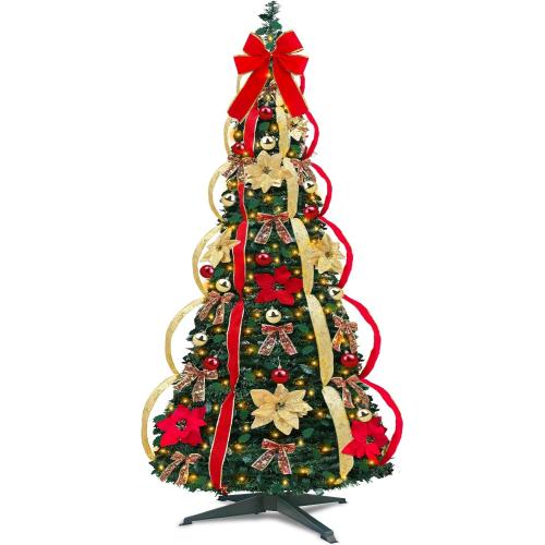 7Ft Pop Up Christmas Tree,Prelit 250 Warm White LED Lights,1 Minute Pull Up,Fully Decorated 84 Ornaments,8 Lighting Modes & Timer,Fire-Resistant,Foldable,Collapsible Outdoor Indoor Holiday Party Decor