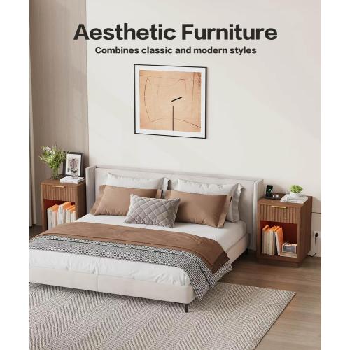 Akxomel Fluted Nightstand, Wooden Night Stand with Charging Station and LED Light, Modern Mid Century End Table with Drawer, 15 D x 15.7 W x 22.6 H, for Bedroom, Walnut