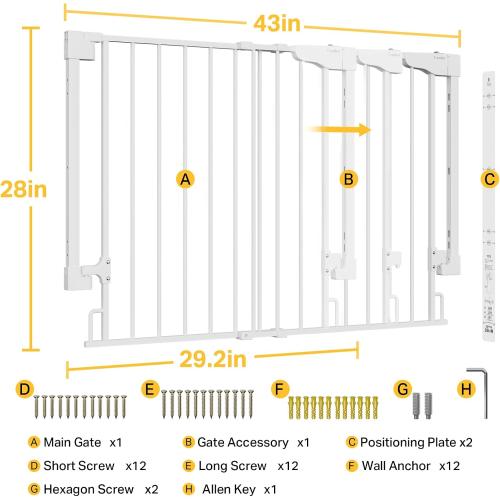 White Cumbor 29.2–43 Baby Gate for Stairs, Wall-Mounted (Drill Required), Expandable No Bottom Bar Dog Gate, Auto Close Extra Wide Walk Thru, Pet & Toddler Proof Gate, Top & Bottom of Stairways (White)