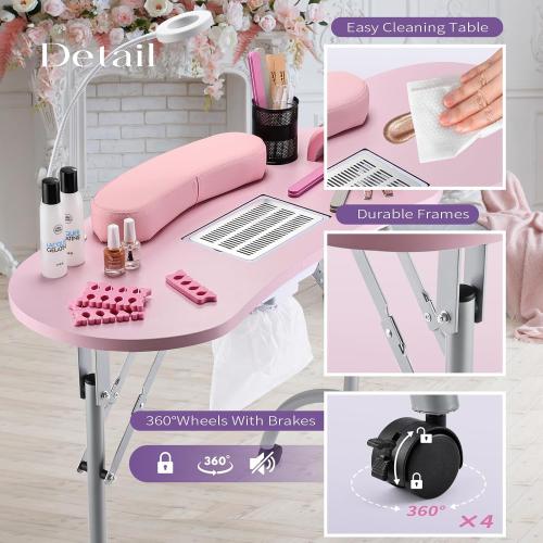 Manicure Table with Nail Dust Collector, Portable Nail Table Rolling Nail Desk Nail Tech Travel Nail Station Foldable Professional Nail Salon Table with Cacuum,Arm Rest,Lockable Wheel,Bag,Pink