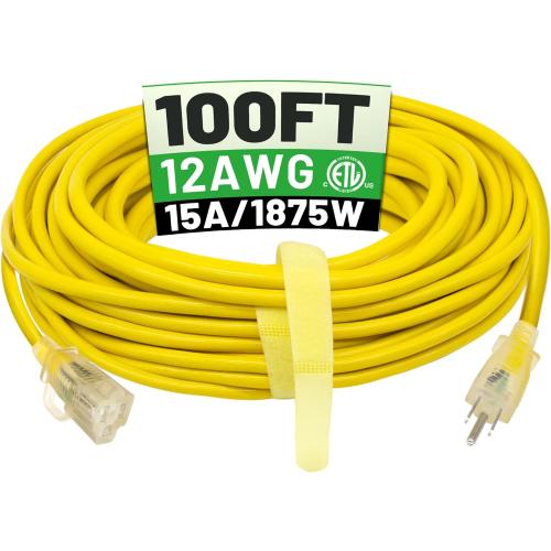 POWGRN 100 ft 12/3 Outdoor Extension Cord Waterproof Heavy Duty with Lighted Indicator End 12 Gauge 3 Prong, Flexible Cold-Resistant Long Power Cord Outside, 15Amp 1875W SJTW Yellow ETL Listed