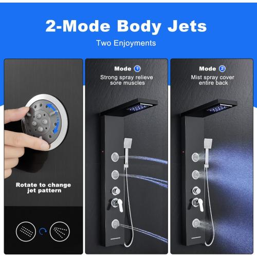 Multi-Function LED Lights Shower Panel System Black, 5 in 1 Shower Panel Include Rainfall & Waterfall Shower Head, 3 Pcs Adjustable Massage Jets, Handheld Shower, Tub Spout