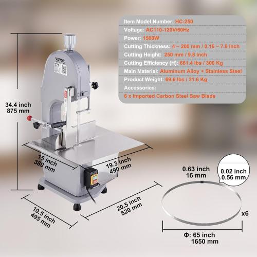 Commercial Electric Meat Bandsaw, 1500W Stainless Steel Countertop Bone Sawing Machine, Workbeach 19.3 x 15, 0.16-7.9 Inch Cutting Thickness, Frozen Meat Cutter with 6 Blades for Rib Pork Beef