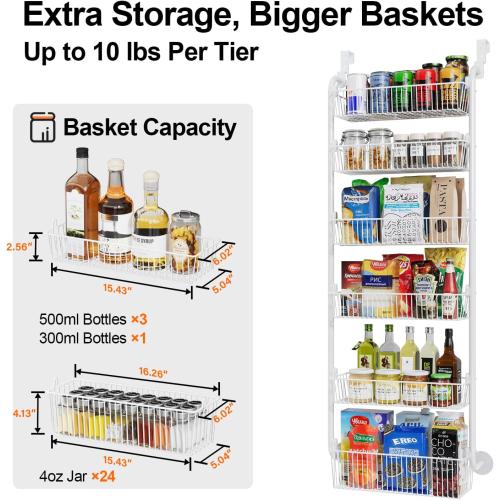 Delamu Large Over the Door Pantry Organizer, 6-Tier Metal Pantry Door Organization and Storage for Easy Install, Hanging Spice Rack Seasoning Shelves for Cabinet & Kitchen, D6.7xW17.5xH53.7 in, White
