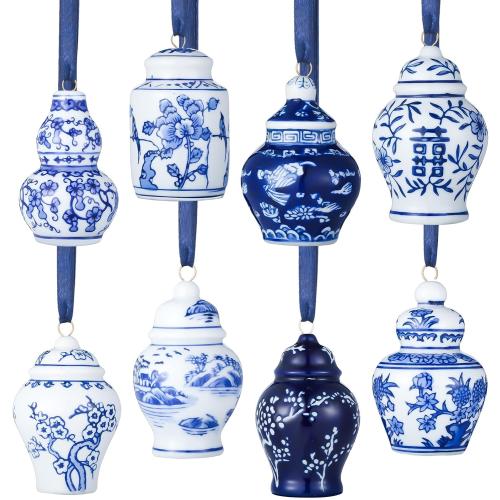 BBTO 6 Pcs Mini Chinoiserie Porcelain Hanging Decorations Blue and White Ceramic Tree Pendant Ornaments Birthday Party Baby Shower Wedding Home Decor (Classic Style)