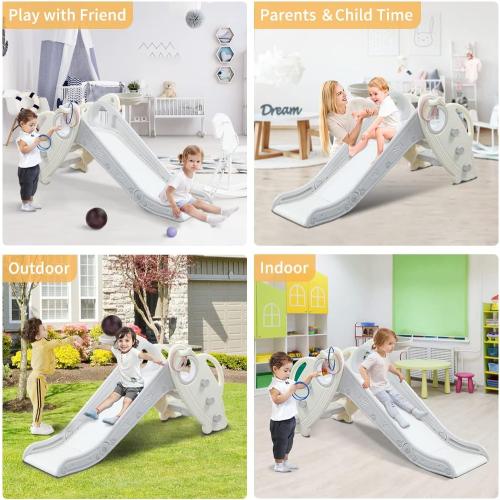 Kids Slide for Toddlers Age 1-3 Indoor Baby Plastic Slide Outdoor Climber Freestanding Playset with Basketball Hoop & Ring Game Grey