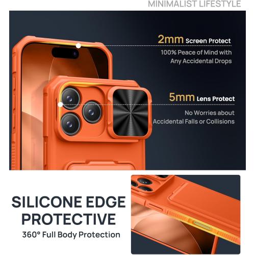 SSLOTSCASE for iPhone 17 Pro Max Case with Card Holder & Camera Stand & Kickstand & Slide Camera Lens Cover & Wallet, Military-Grade Heavy Duty Phone Case Cover for iPhone 17 Pro Max 6.9'', Orange