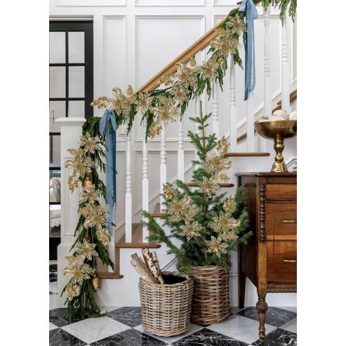 6 Pcs Christmas Tree Picks 25 Inch Glitter Christmas Flowers Poinsettia Glitter Christmas Picks Sprays with Flowers Holly Leaves Pine Needles for Xmas Tree Ornaments Fireplace Wreath - Champagne