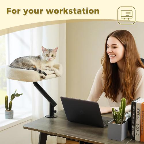 PAWZ Road Cat Desk Bed for Indoor Cats, Cat Bed for Desk Supports Up to 50 lbs, 360° Rotation & Adjustable, Nest Desktop Attachment Cats Hammock for Table, White