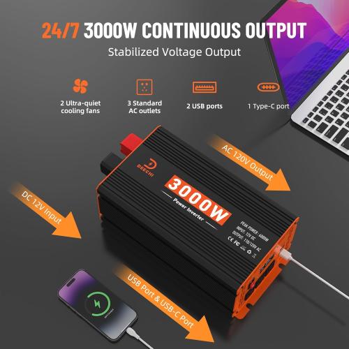 3000W Power Inverter 12V DC to 110V/120V AC Converter for RV/Truck/Boat/Camping/Off-Grid Solar Car Power Inverter Peak Power 6000W with 3 AC Outlets,USB & Type-C Port, Remote Controller & LCD Screen