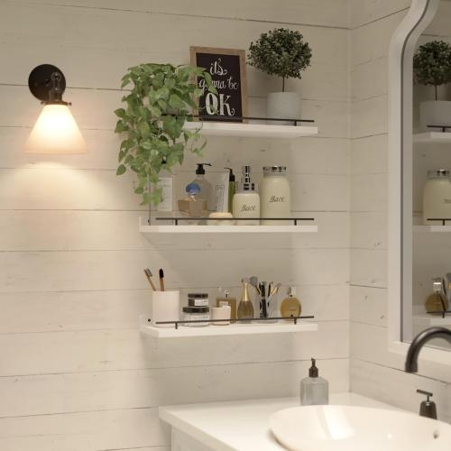 Set of 3 Color Black and White WOPITUES Floating Shelves with Black Metal Guardrail, Shelves for Wall Decor Set of 3, Wall Shelves for Bedroom, Bathroom, Kitchen, Living Room, Plants, Picture Frames, Art- Black and White