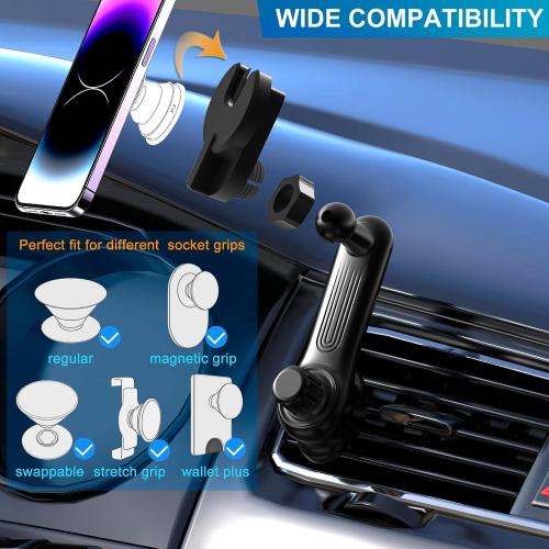 Car Phone Holder for Socket Mount, Air Vent Car Phone Holder for Pop Grip [Never Blocking] AC Vent Clip Phone Mount 360° Adjustable Works with Popsocket Car Mount for iPhone Samsung All Smartphones