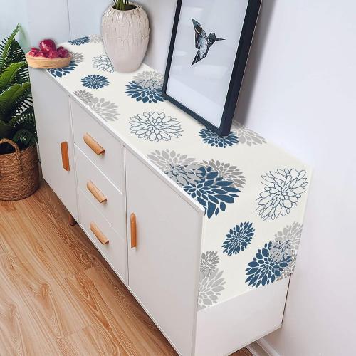 Blue Gray Table Runner Dahlia Pinnata Flower Beige Table Runners Modern Elegant (13 x 36 Inch)
