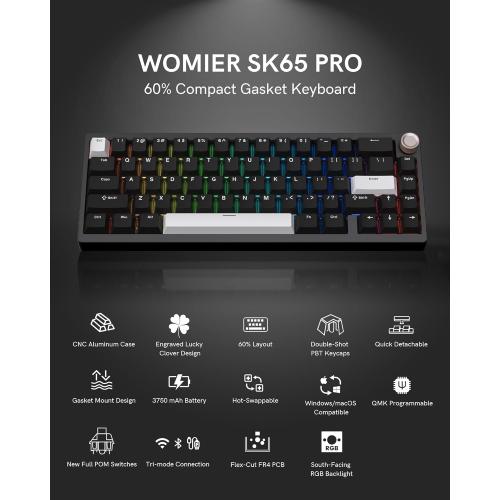 Womier SK65 Wireless Mechanical Gaming Keyboard with Knob, 60 Percent Aluminium Keyboard for PC, Bluetooth 5.0/2.4GHz/USB-C Wired, Hot Swappable Custom Lineaner Switch, RGB Backlit (Black V2)