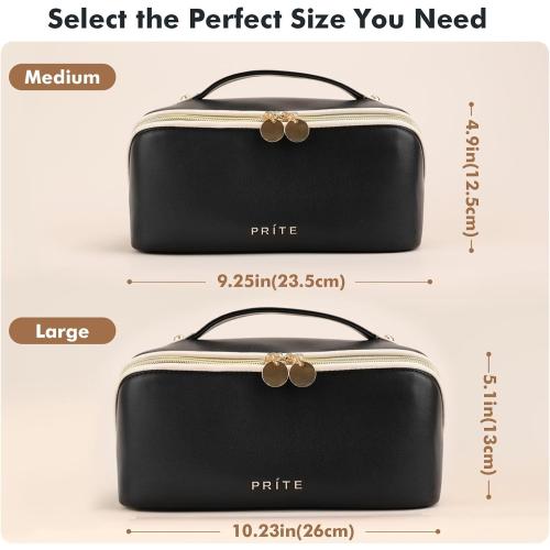 Prite Makeup Bag for Women Travel Waterproof Vegan Leather Cosmetic Bag Open Flat Toiletry Bag With Clear Divider and Handle (Large Black)