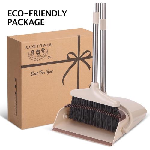 Broom and Dustpan Set with Long Handle, Light Weight Stainless Steel Poles Stand Upright Dustpans with Broom Combo for Home Kitchen Office Pet Dog Hair, Brown & Beige Color, 1-Pack
