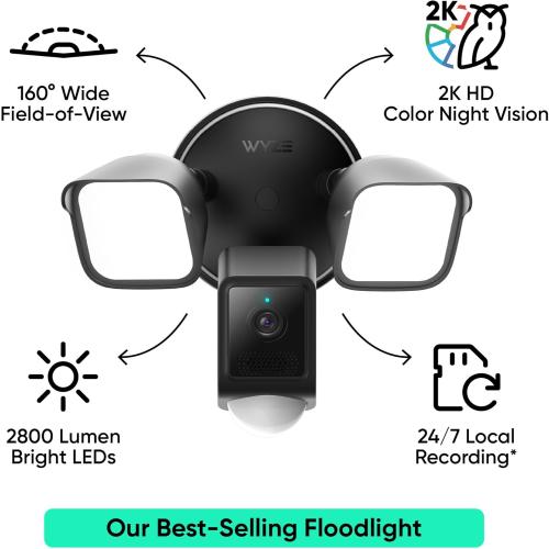 WYZE Floodlight Camera v2, Security Camera Outdoor, 2K HD with Color Night Vision, 2800-Lumen LEDs, 160° Wide View, 105dB Siren, Works with Alexa & Google Assistant, Wired, Free Expert Support